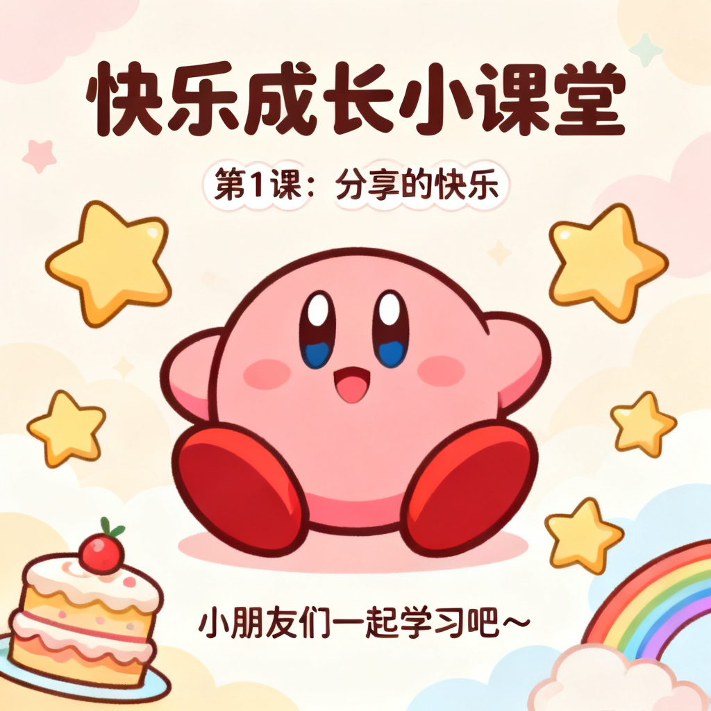 星之卡比风格的儿童教育PPT，色彩柔和，元素圆润可爱，包含星星、蛋糕和彩虹，字体为圆体，整体氛围温馨活泼