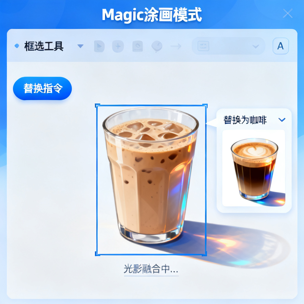 Magic涂画模式操作界面，用户框选页面中的一杯奶茶，输入替换指令，AI自动生成一杯咖啡并融合光影
