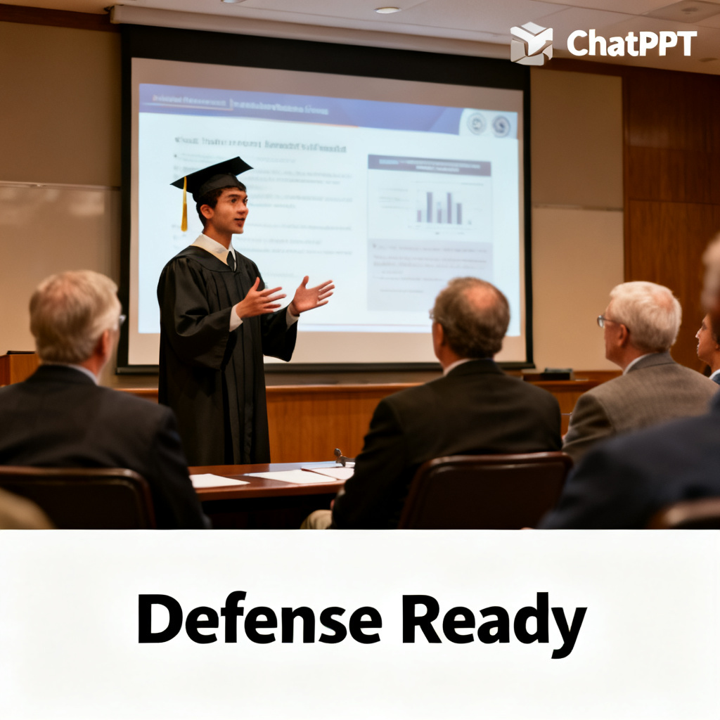 A confident graduate student presenting a well-designed slide to a panel of professors, with a subtle overlay of the ChatPPT logo and the text 'Defense Ready'.