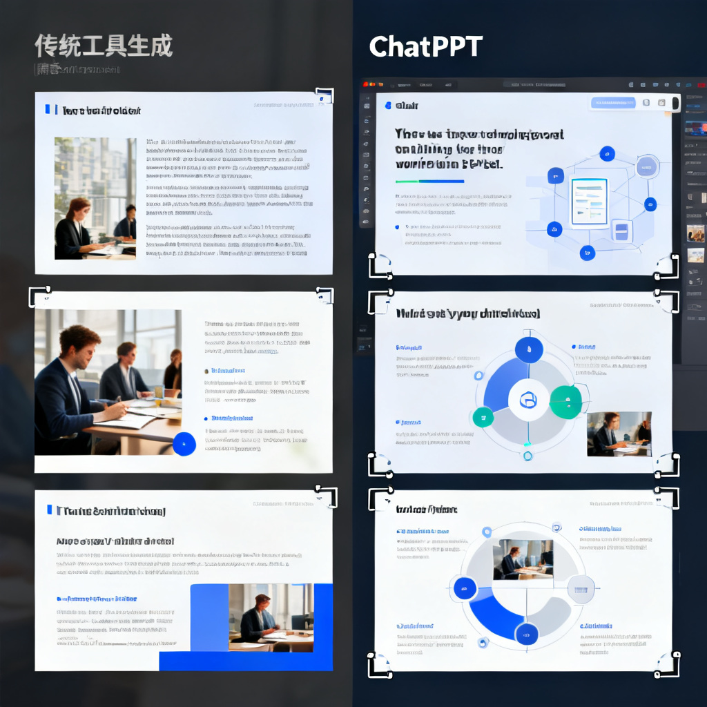 对比图:左侧为传统工具生成的静态PPT页面(扁平化,难以修改,文字为图片格式),右侧为ChatPPT生成的页面,文字、图片、图形均为独立可编辑图层,每个元素周围显示编辑手柄。
