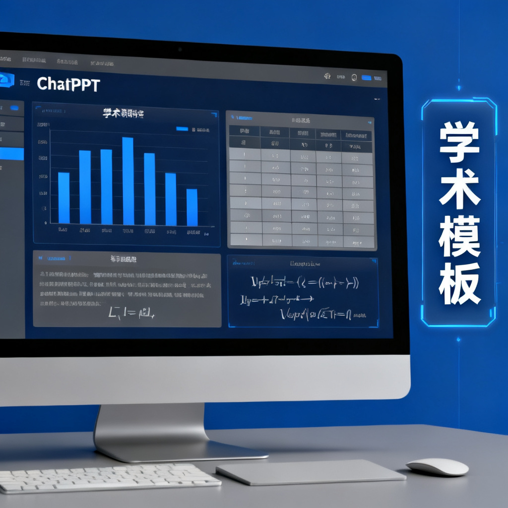 电脑屏幕显示ChatPPT生成的学术PPT,包含规范的柱状图、表格和LaTeX公式,配色为深蓝和灰色,布局清晰严谨,旁边有“学术模板”标签