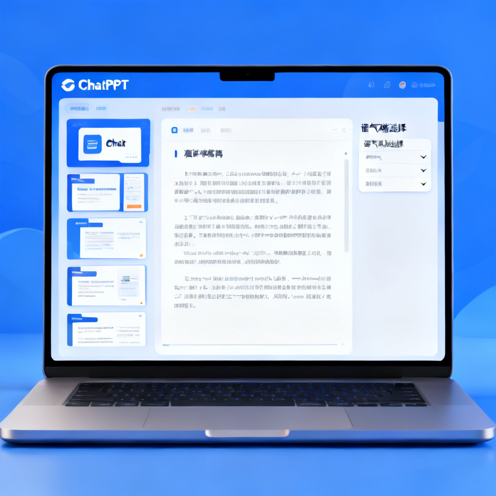 电脑屏幕上显示ChatPPT的演讲稿生成界面，左侧是PPT缩略图，右侧是生成的讲稿，包含语气风格选择下拉菜单，界面简洁现代，蓝色主题色调