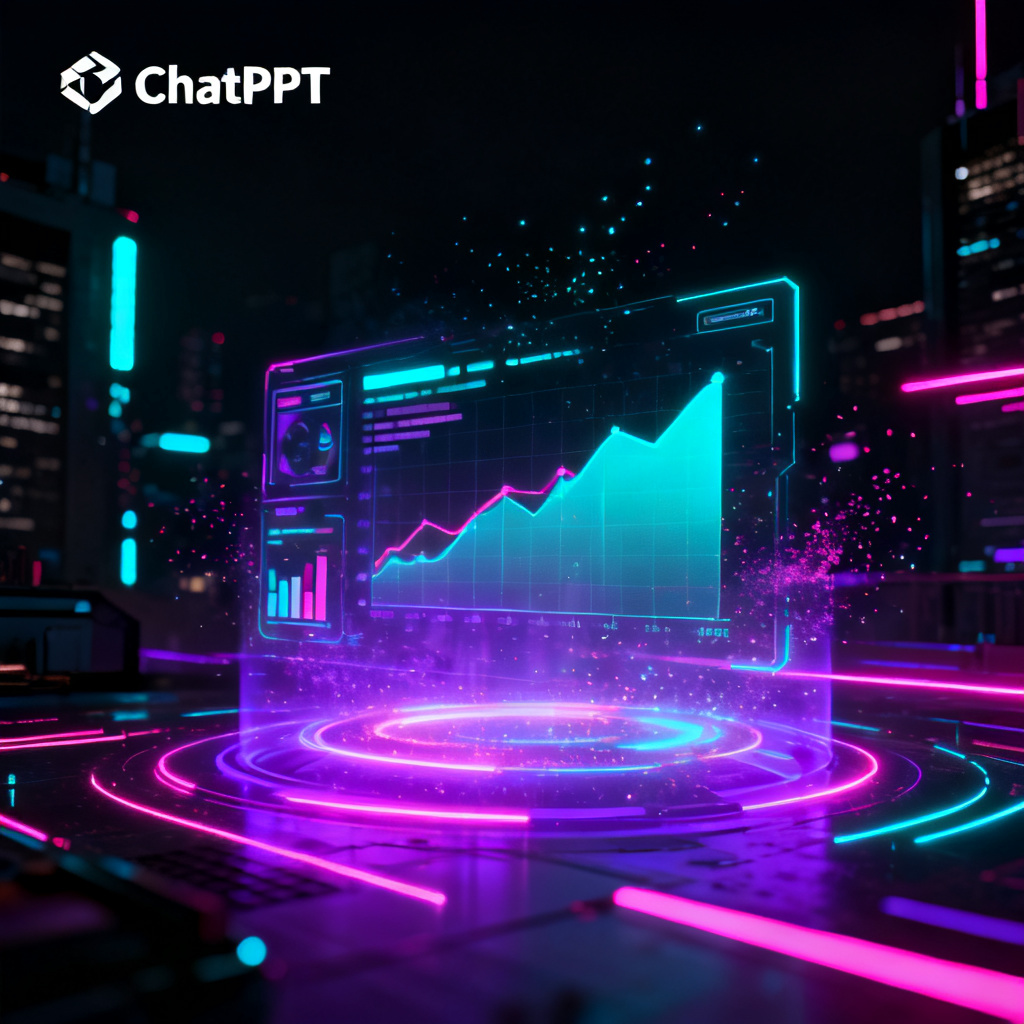 A futuristic cyberpunk-style presentation slide with neon lights, holographic UI elements, and a dark urban backdrop, featuring a high-tech data visualization chart, generated in the style of ChatPPT's creative drawing mode