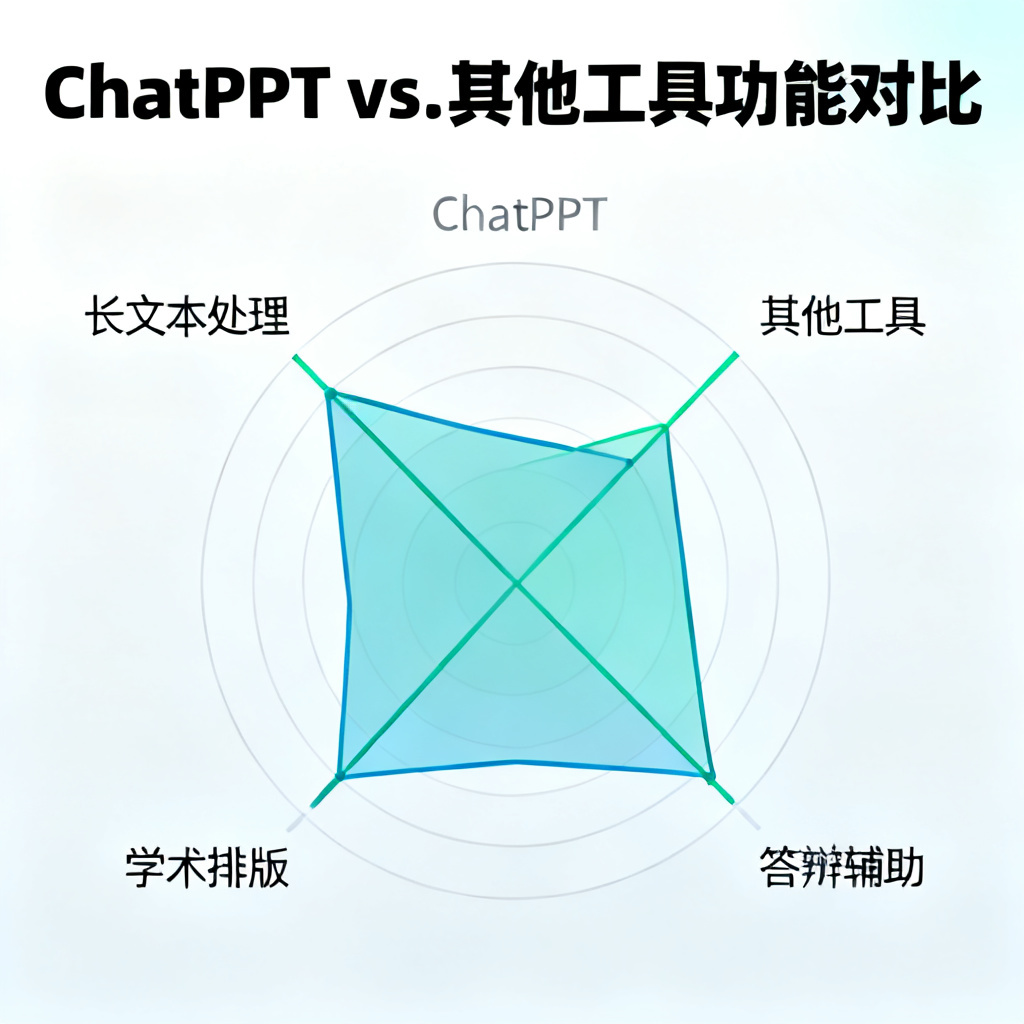 一张信息图，展示ChatPPT vs. 其他工具在“长文本处理”、“学术排版”、“答辩辅助”三个维度的对比雷达图，ChatPPT全维度领先，其他工具在“答辩辅助”维度几乎为零。