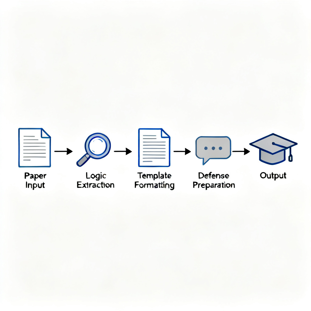 A conceptual illustration of a full-loop academic support system, showing a paper input on one end, flowing through stages of logic extraction, template formatting, and defense preparation, with a graduation cap icon at the output end