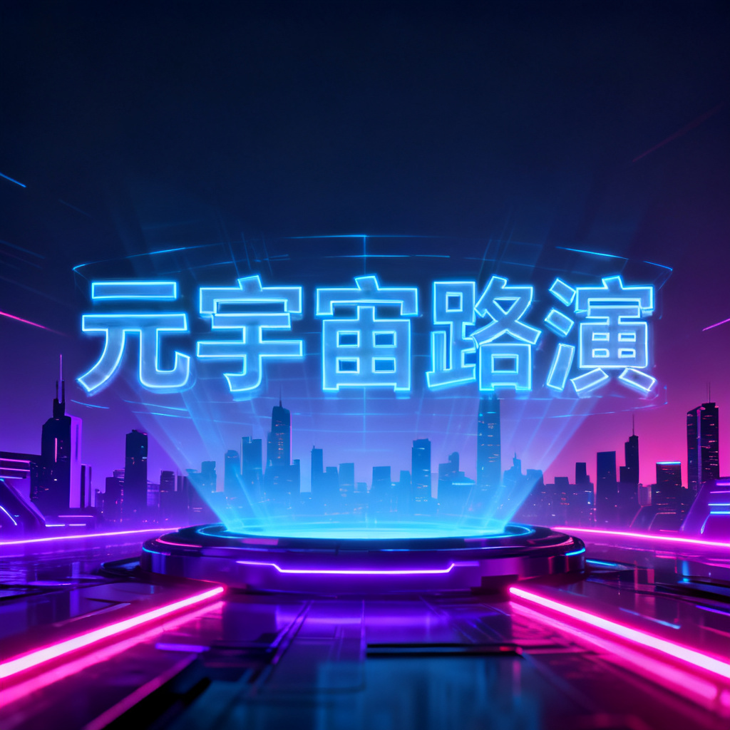 赛博朋克风格的元宇宙路演PPT封面，霓虹灯光与高对比色调，未来感城市剪影，全息投影文字