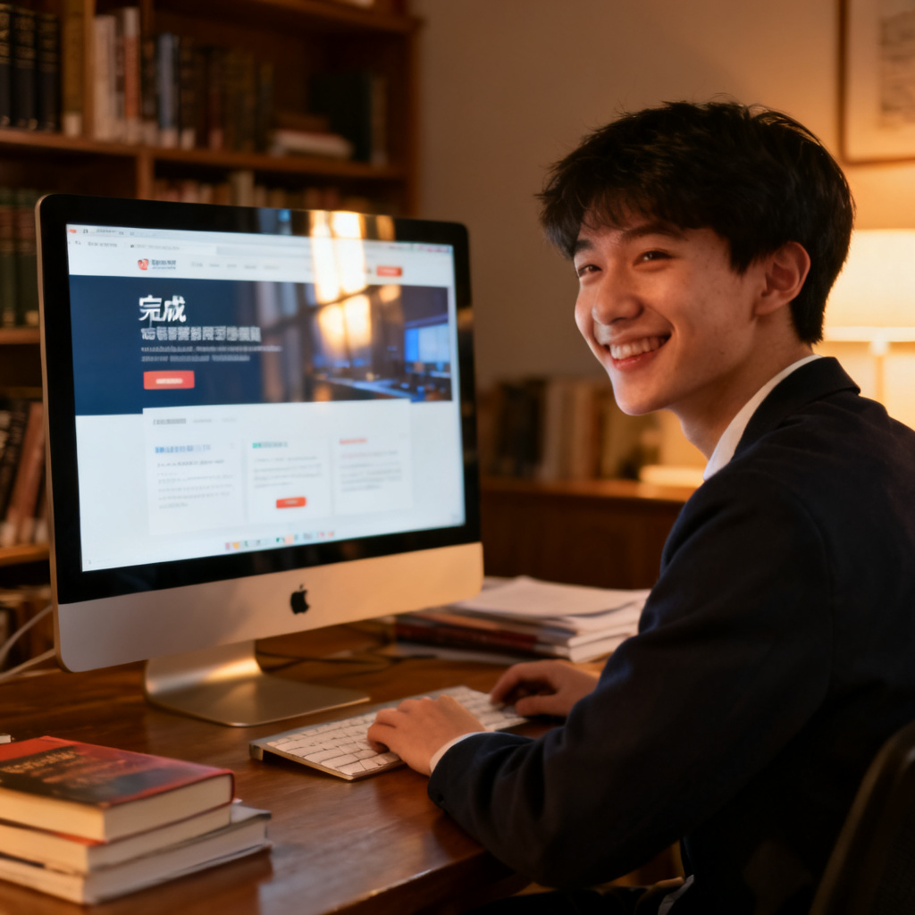 一位学生或职场人士在电脑前使用ChatPPT，屏幕上显示完成的路演页面，表情满意，背景为书房或办公室