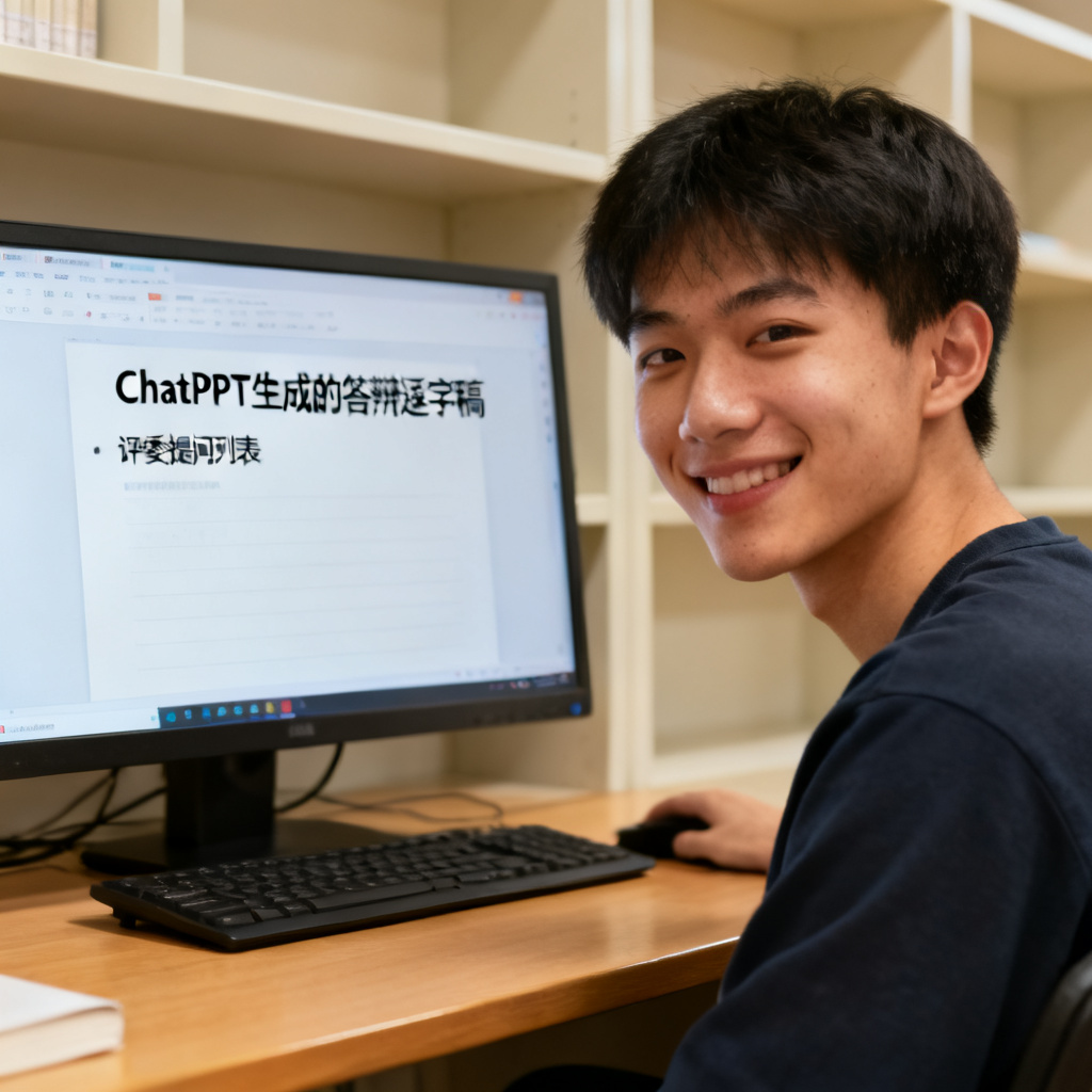 一名学生坐在书桌前，电脑屏幕显示ChatPPT生成的答辩逐字稿和评委提问列表，学生表情自信、从容