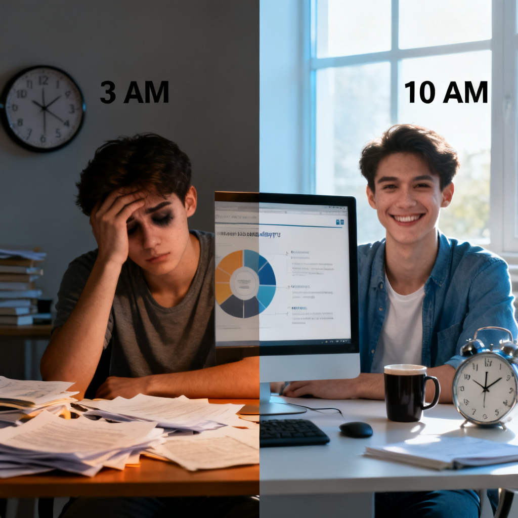 A split-screen image showing on the left a messy desk with scattered papers, a stressed student with dark circles under eyes, and a clock showing 3 AM. On the right, a clean monitor displaying a completed academic PPT with a confident student smiling, a coffee mug nearby, and a clock showing 10 AM. The transition from left to right is smooth, symbolizing efficiency.