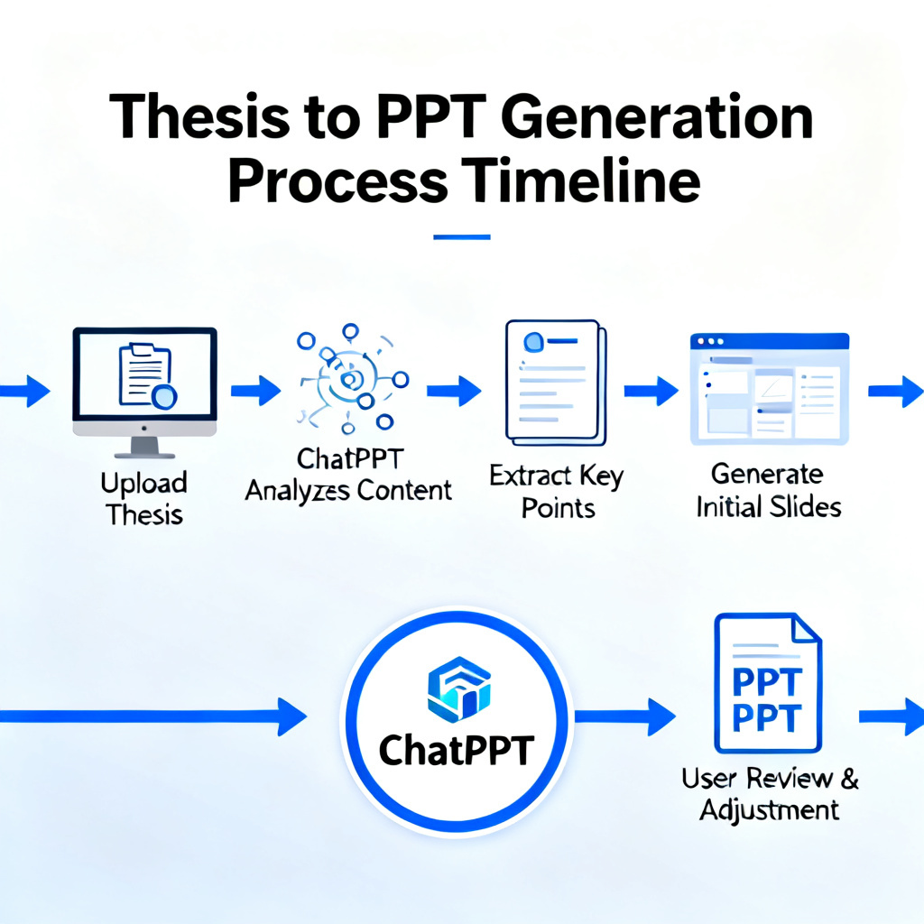 A timeline showing the process from uploading a thesis to generating a final PPT, with ChatPPT logo at the center