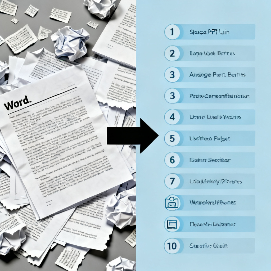 A split-screen comparison: left side shows a messy pile of Word document pages, right side shows a clean, structured 10-slide PPT outline, with arrows indicating transformation, style: infographic