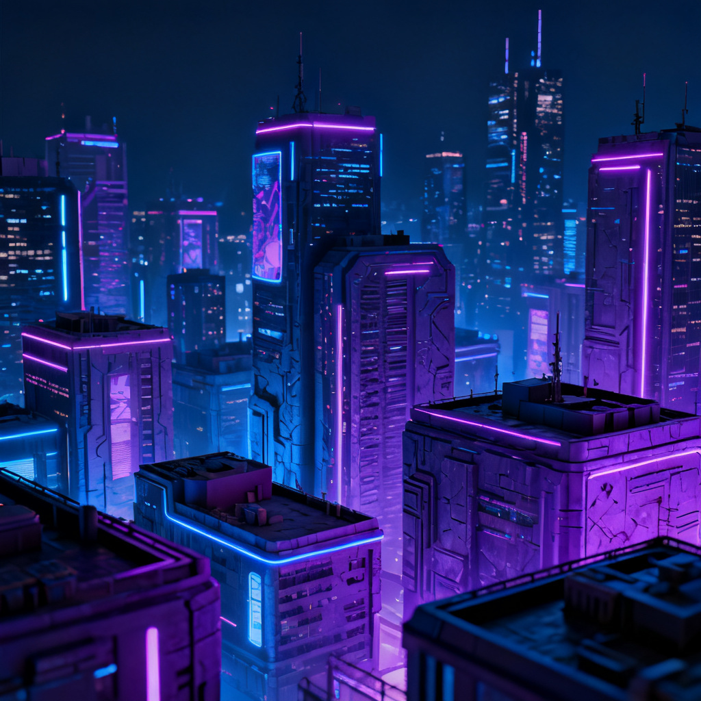赛博朋克风格,霓虹灯城市夜景,3D立体质感,深蓝色与紫色主色调,细节丰富的建筑纹理,电影级光影效果,高对比度,充满未来科技感