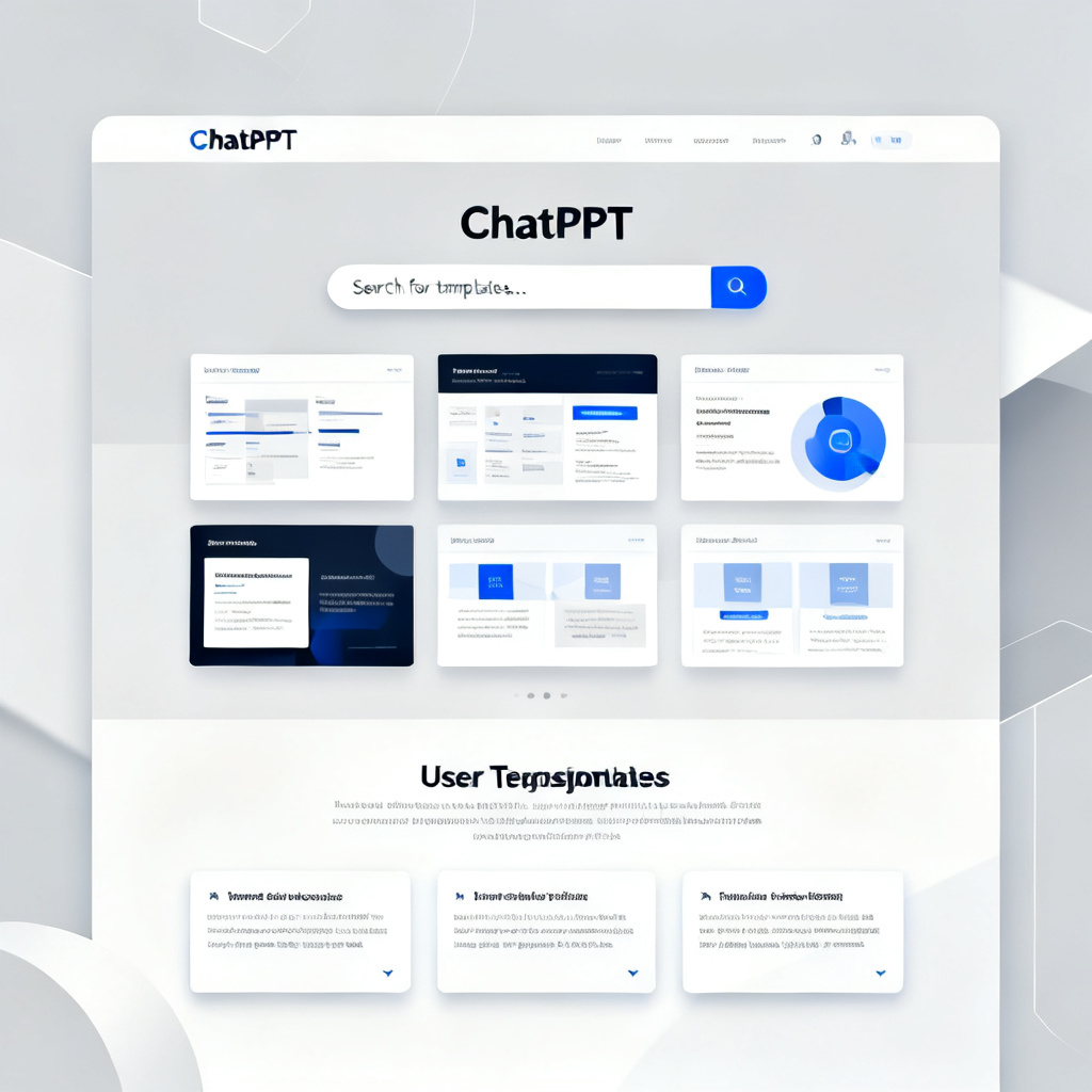 A panoramic view of the ChatPPT website homepage, showing a clean and professional interface with a search bar, template gallery, and user testimonials, modern tech style