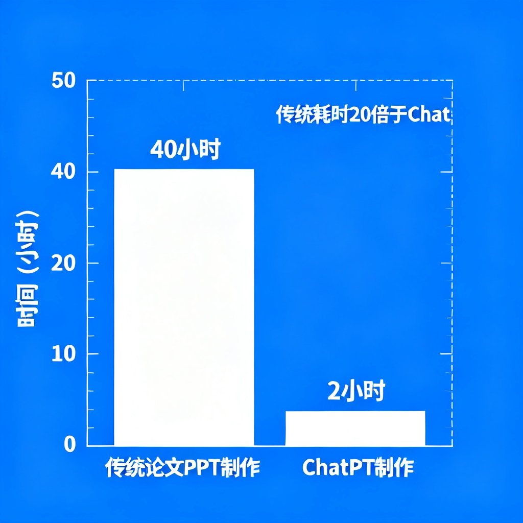 一张数据图表,显示传统论文PPT制作时间(40小时)与ChatPPT制作时间(2小时)的对比,风格为专业学术报告,蓝色背景,白色字体,简洁清晰,带有刻度线和百分比标注。