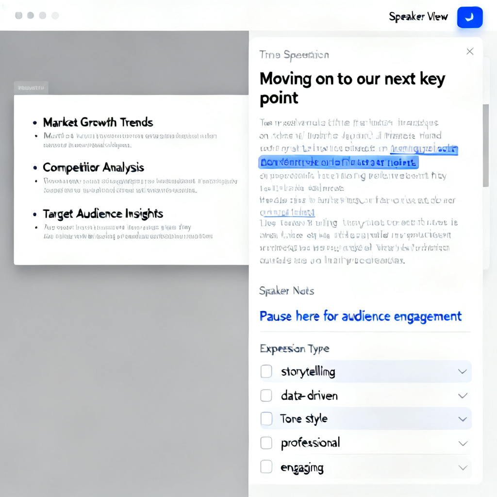 A split-screen interface showing ChatPPT's speech generation feature. On the left, a PPT slide with bullet points about market analysis; on the right, a full speech script with highlighted transition sentences and speaker notes. The interface includes options for expression type (e.g., "storytelling" or "data-driven") and tone style (e.g., "professional" or "engaging"). A "Speaker View" toggle button is visible in the top-right corner.
