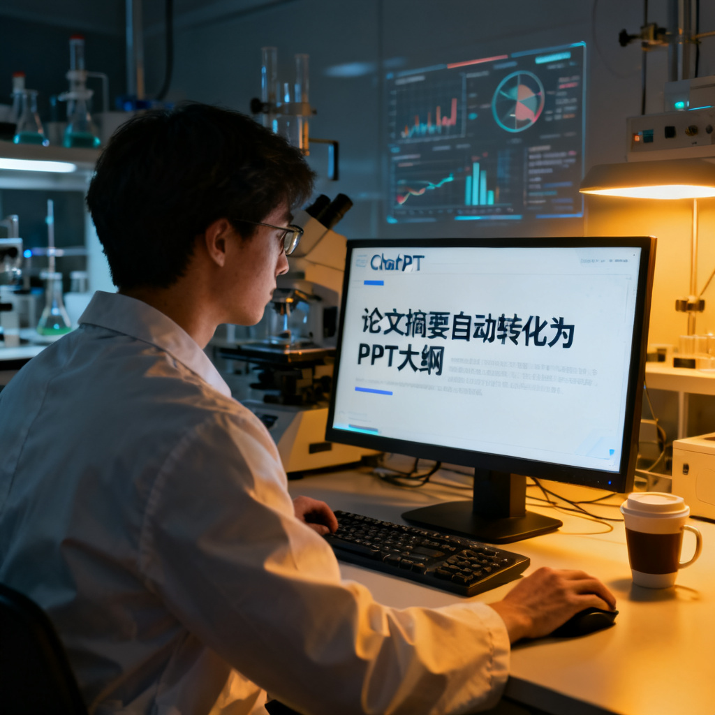 一个博士生在深夜使用ChatPPT,电脑屏幕显示论文摘要自动转化为PPT大纲,背景是实验室设备和图表,光线柔和