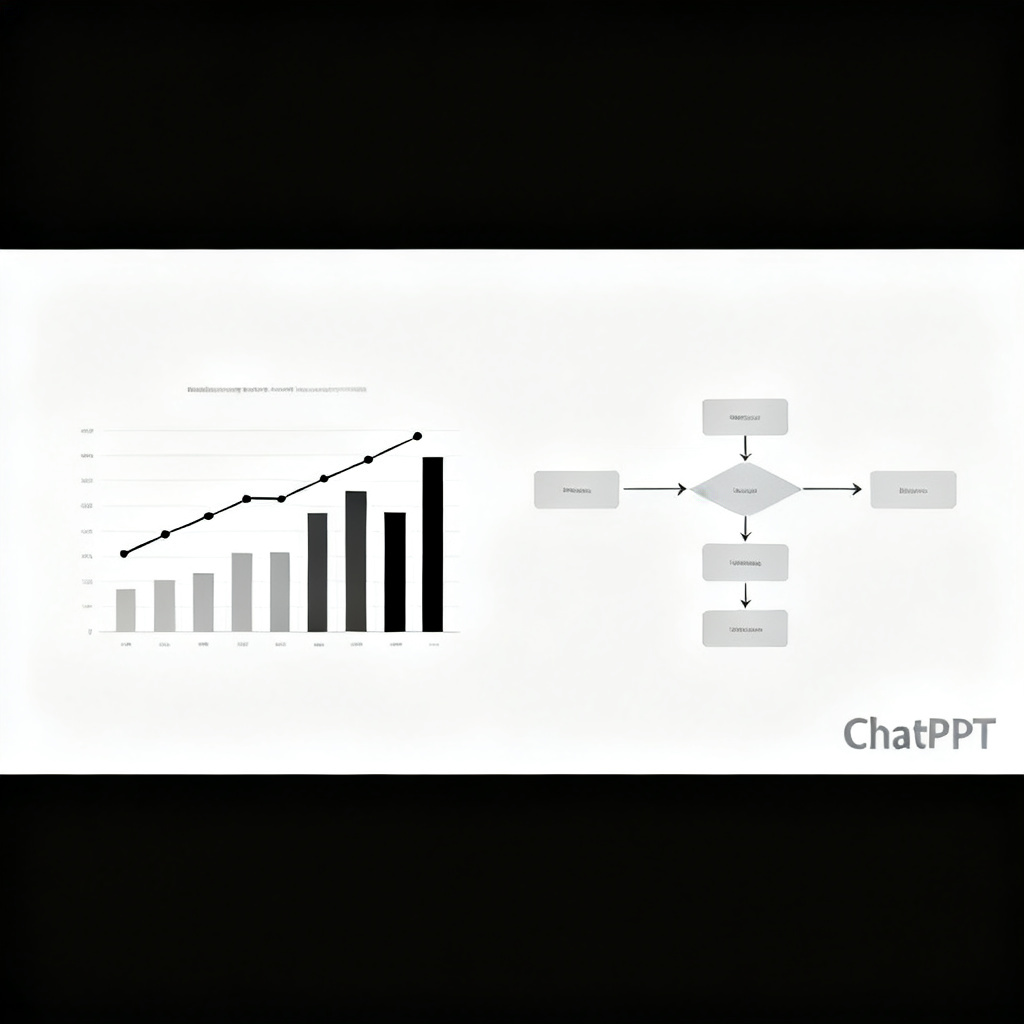 A clean, professional academic PPT slide showing a data comparison chart and a flowchart, with text 'ChatPPT' subtly integrated in the corner, minimalist design