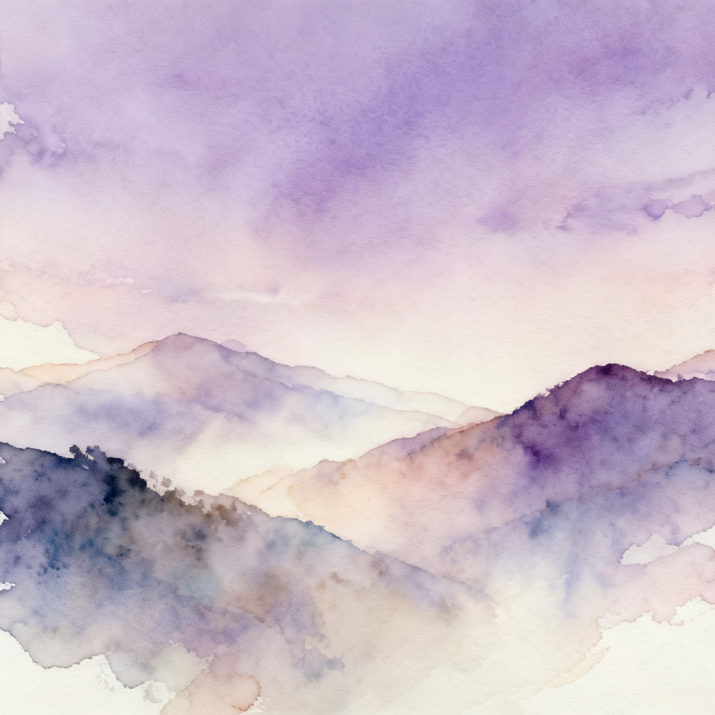 梦幻水彩风格的风景插画，作为PPT背景，渐变色彩，朦胧的远山与淡紫色天空，营造宁静氛围