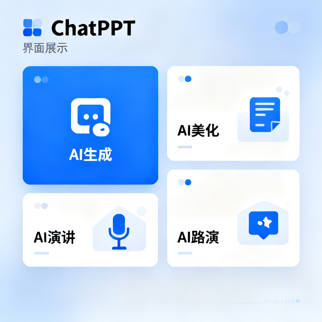 ChatPPT界面展示，包含AI生成、AI美化、AI演讲、AI路演等模块，扁平化设计，蓝色主色调
