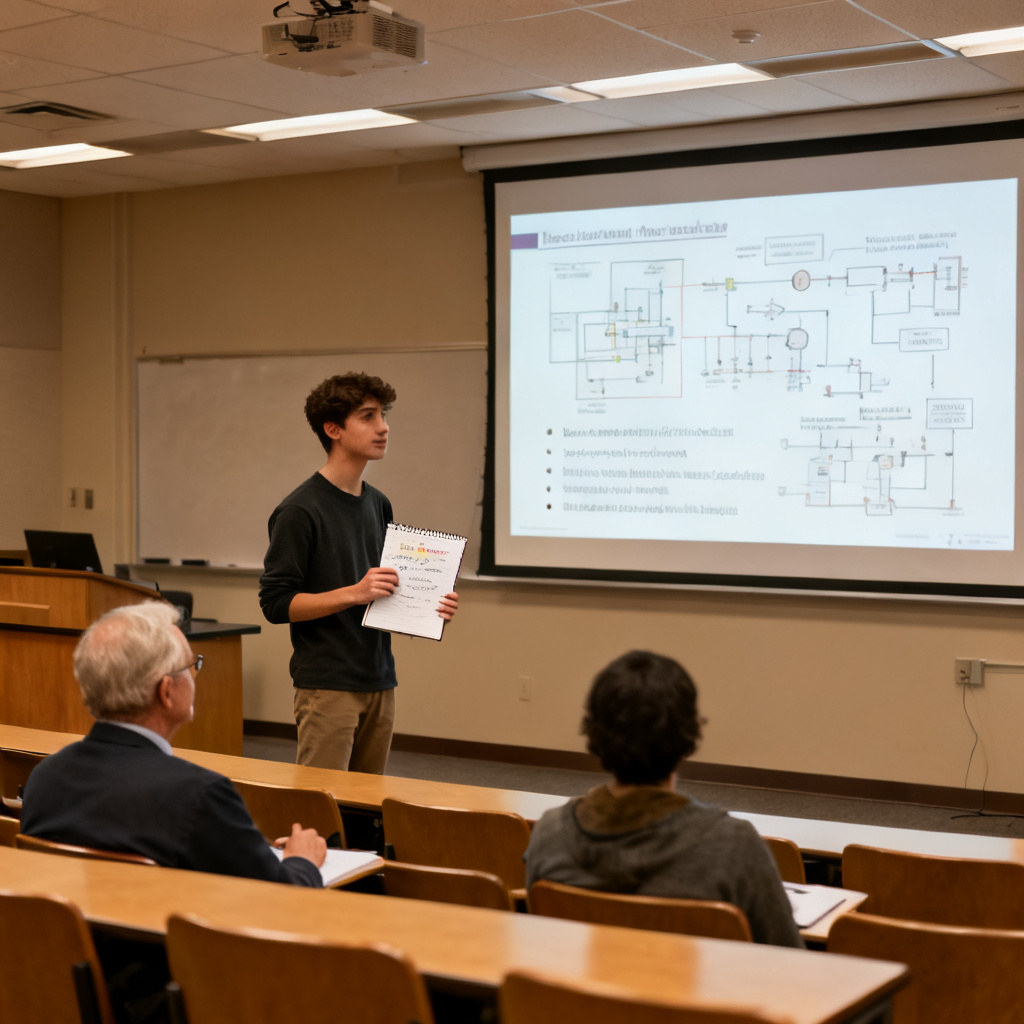 A student confidently presenting a PowerPoint slide in a university lecture hall, with a professor and audience listening attentively. The slide shows complex diagrams and bullet points. The atmosphere is focused and professional. The student has a notepad with key points.