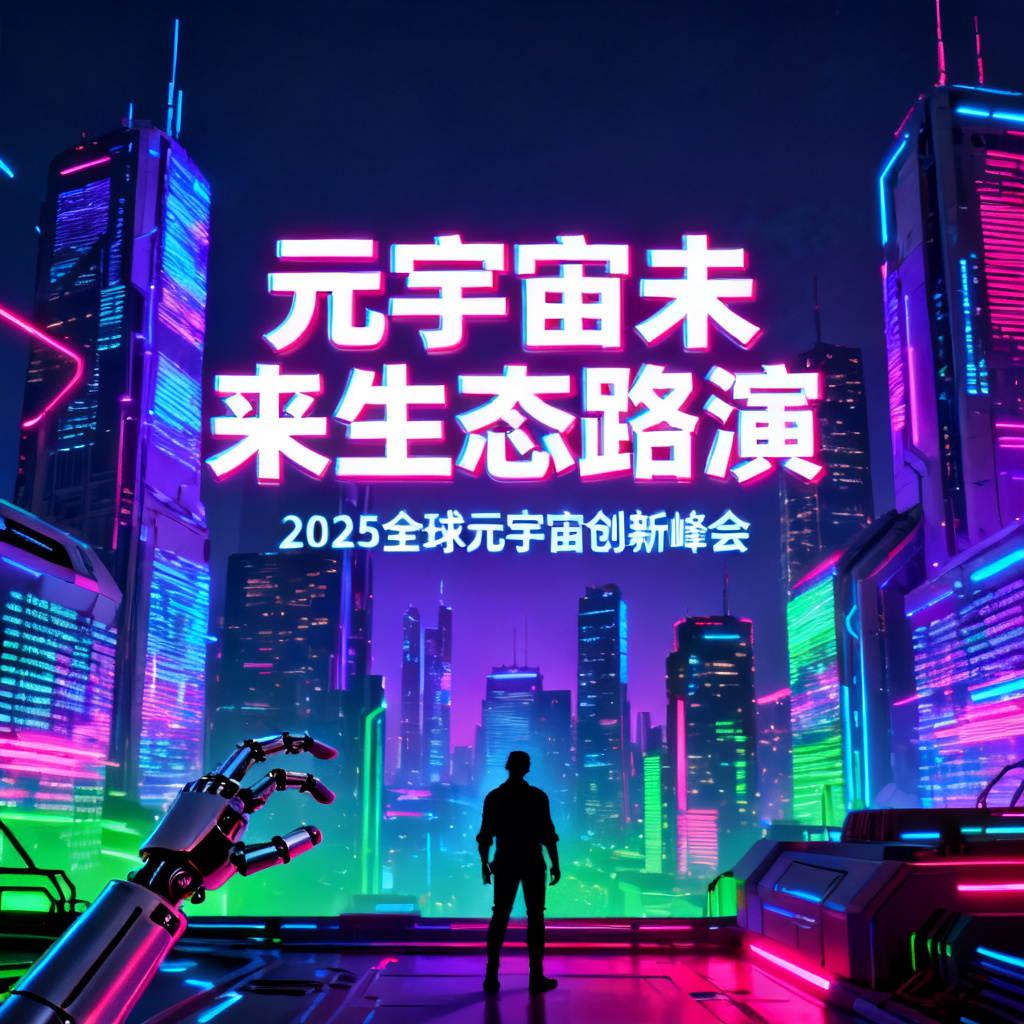 赛博朋克风格元宇宙路演PPT，霓虹灯色彩，未来感城市天际线，数据流光影效果，机械义肢人物剪影