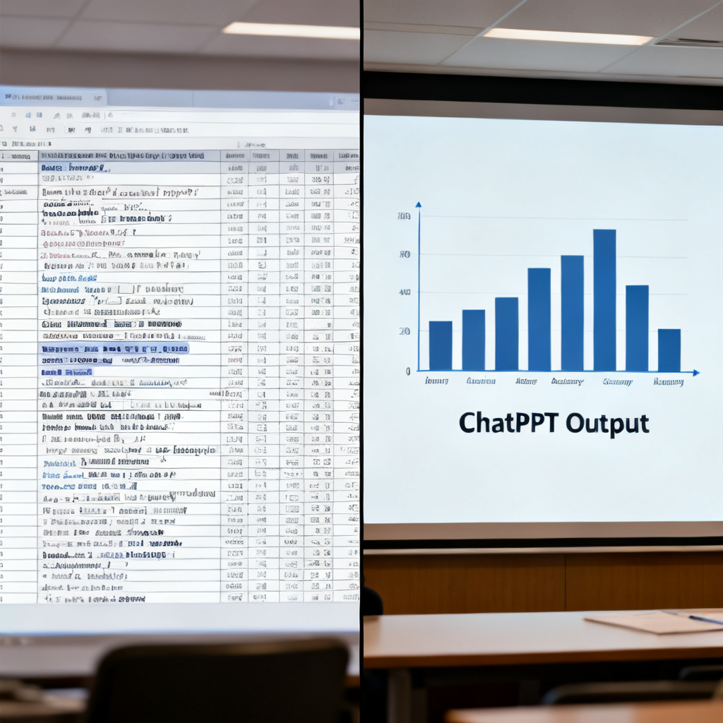 A split-screen comparison of two slides. Left slide is a cluttered, poorly formatted data table with mismatched fonts. Right slide is a clean, academic-style slide with a well-designed bar chart and clear axis labels, captioned 'ChatPPT Output'.