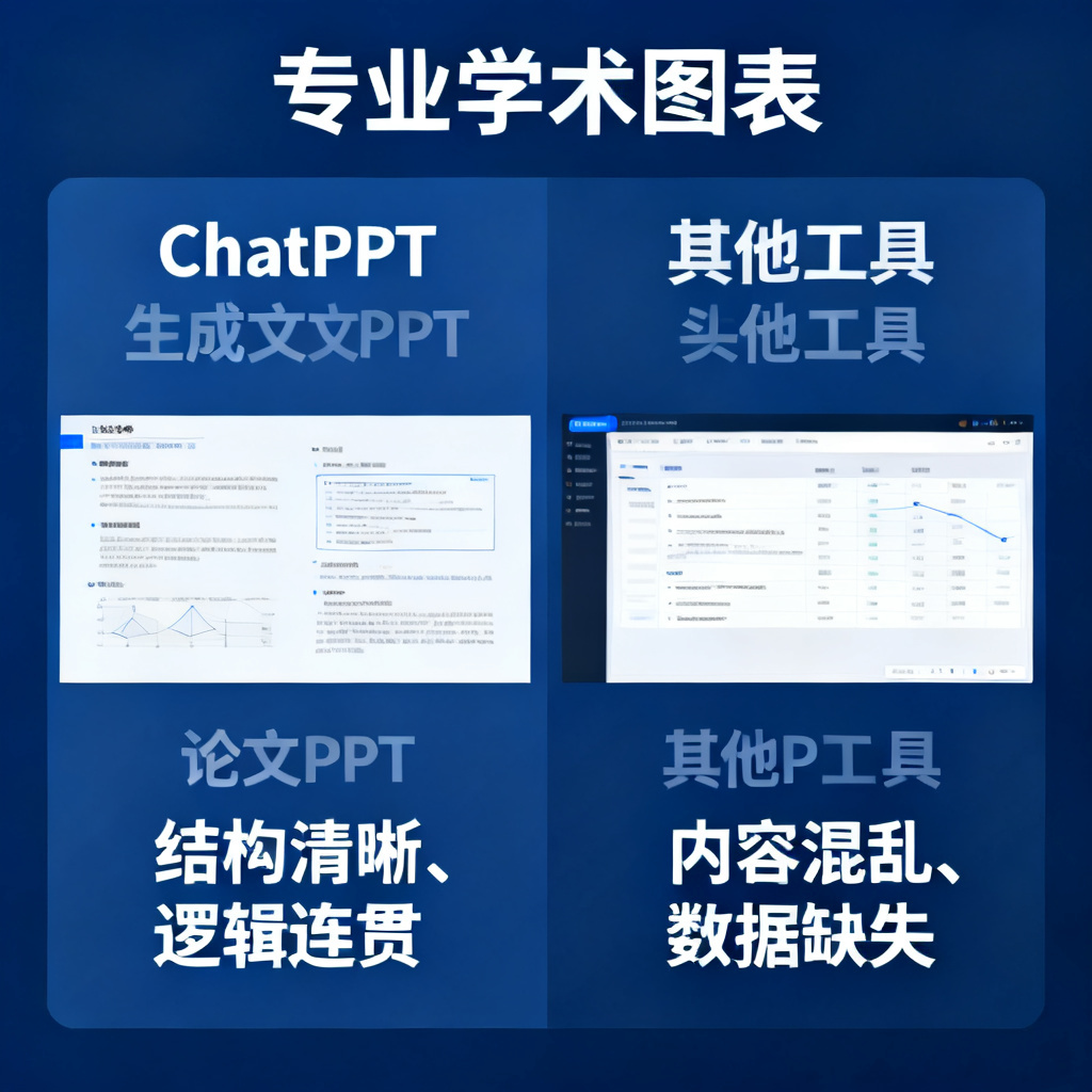 一张对比图表,左边是ChatPPT生成的论文PPT,结构清晰、逻辑连贯;右边是其他工具生成的PPT,内容混乱、数据缺失。风格为专业学术图表,背景为深蓝色。