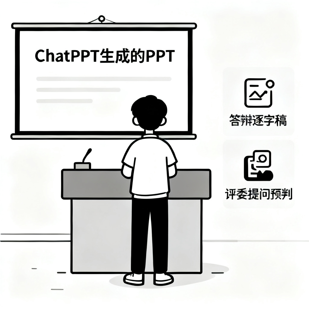 一张答辩场景的示意图，一位学生站在讲台上，屏幕上显示ChatPPT生成的PPT，旁边有‘答辩逐字稿’和‘评委提问预判’的图标