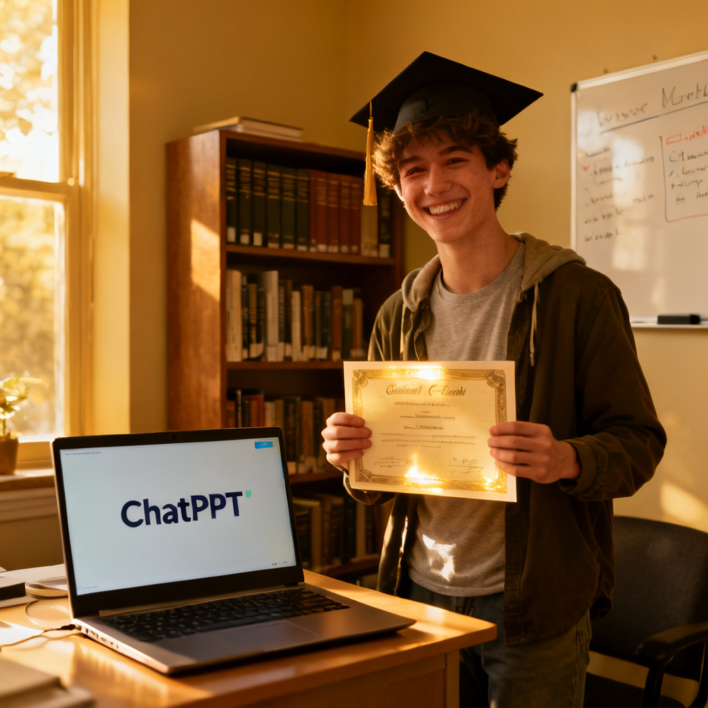 A student celebrating after a successful thesis defense, holding a certificate and smiling, with a laptop showing ChatPPT on the screen.
