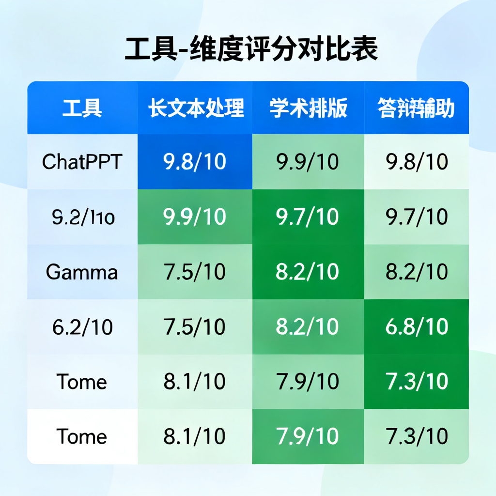 数据对比表，显示ChatPPT与Gamma、Tome在长文本处理、学术排版、答辩辅助三个维度的评分，ChatPPT三项均接近满分
