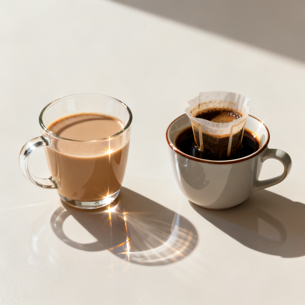 产品展示图局部重绘测试示意，左侧玻璃奶茶杯被替换为右侧手冲咖啡杯，杯沿高光、桌面反射与背景阴影方向保持一致，页面布局未发生位移