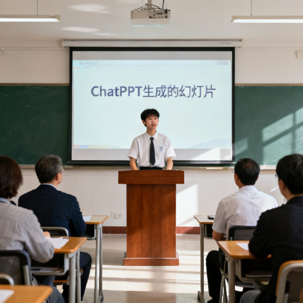 一个学生在答辩台上自信演讲，背后大屏幕显示ChatPPT生成的幻灯片，评委们认真倾听，明亮教室，正面视角，写实风格