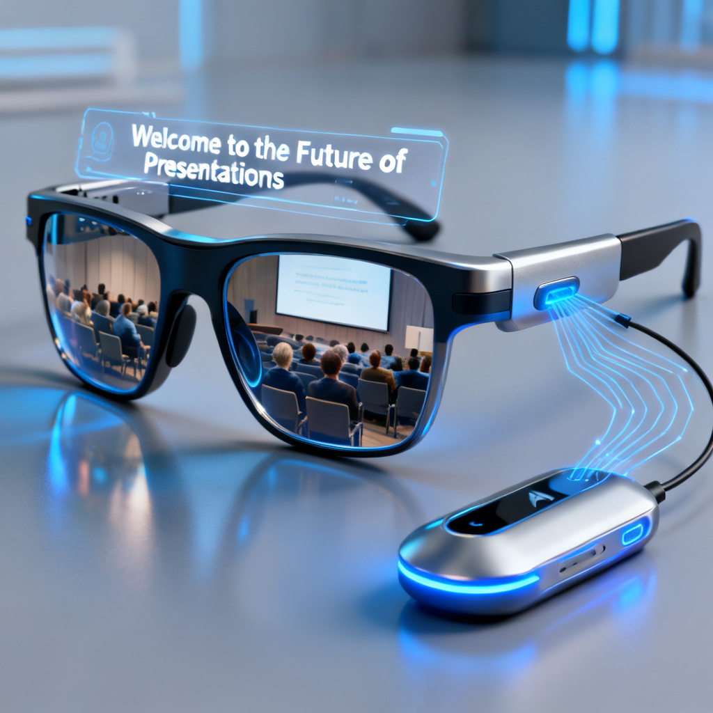 A smart glasses display showing a virtual teleprompter with speech text, overlaid on a real-world presentation scene with an audience. The glasses are connected to a sleek AI device, with glowing blue lines indicating data flow. Style: realistic, sleek, modern, 8K.