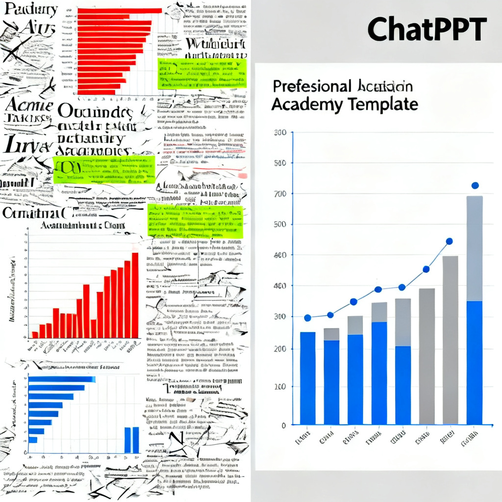 Side-by-side comparison of two slides: left slide shows messy academic data with mismatched fonts and colors, right slide shows clean chart with professional academic template, labeled 'ChatPPT' on right.