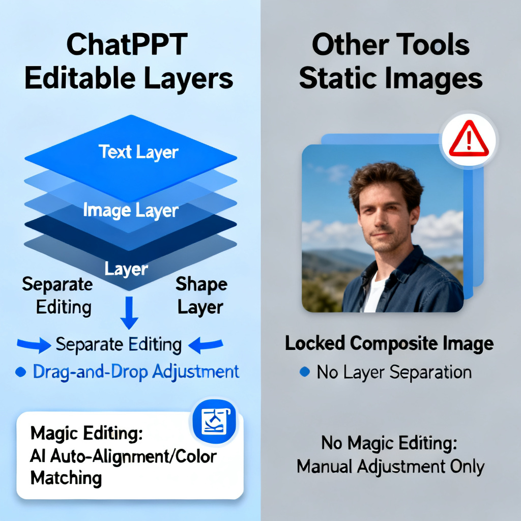 A comparison of editable layers in ChatPPT vs static images in other tools, highlighting layer separation and Magic editing