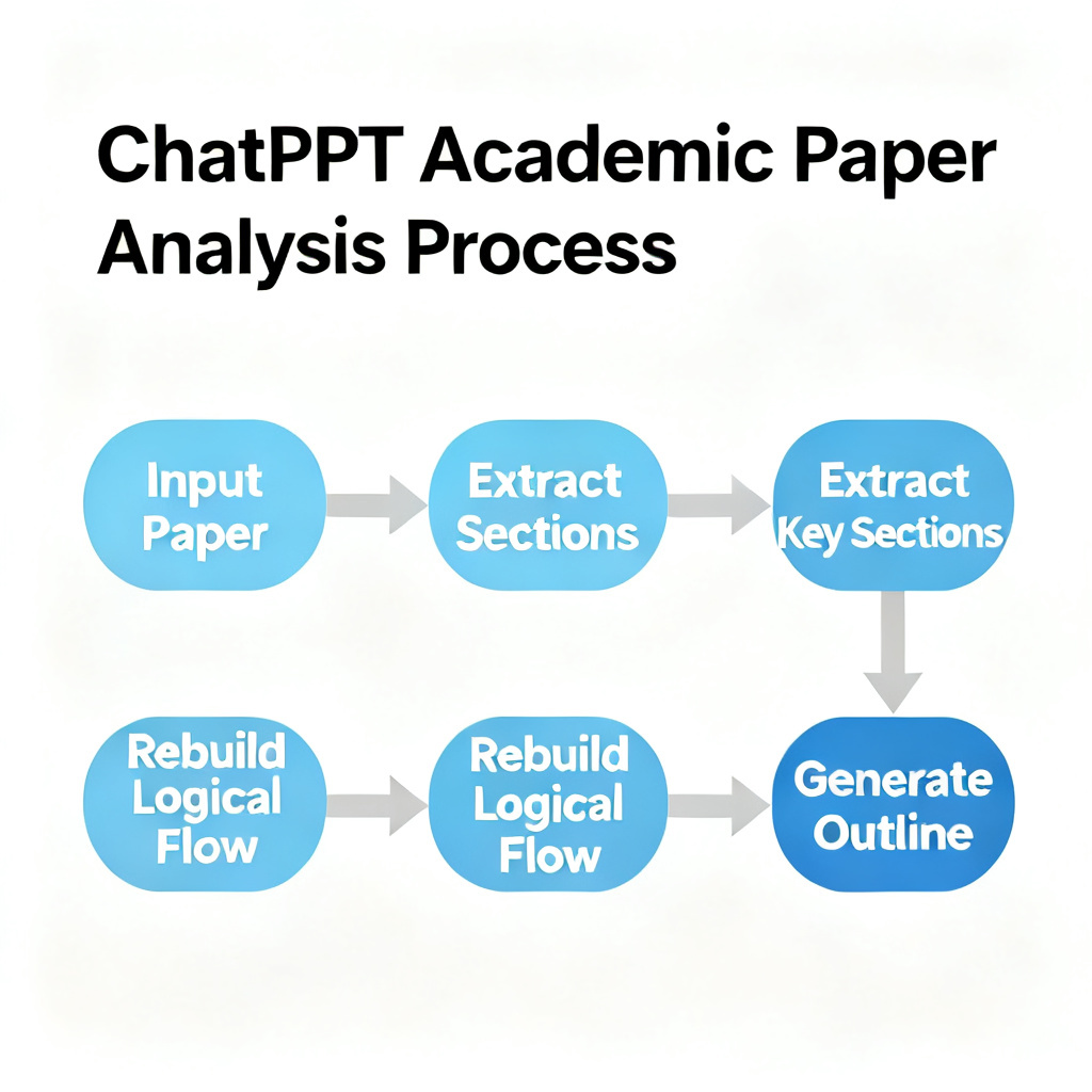 A flowchart showing how ChatPPT analyzes a long academic paper, with steps like 'Input Paper', 'Extract Key Sections', 'Rebuild Logical Flow', and 'Generate Outline', in a clean professional style.