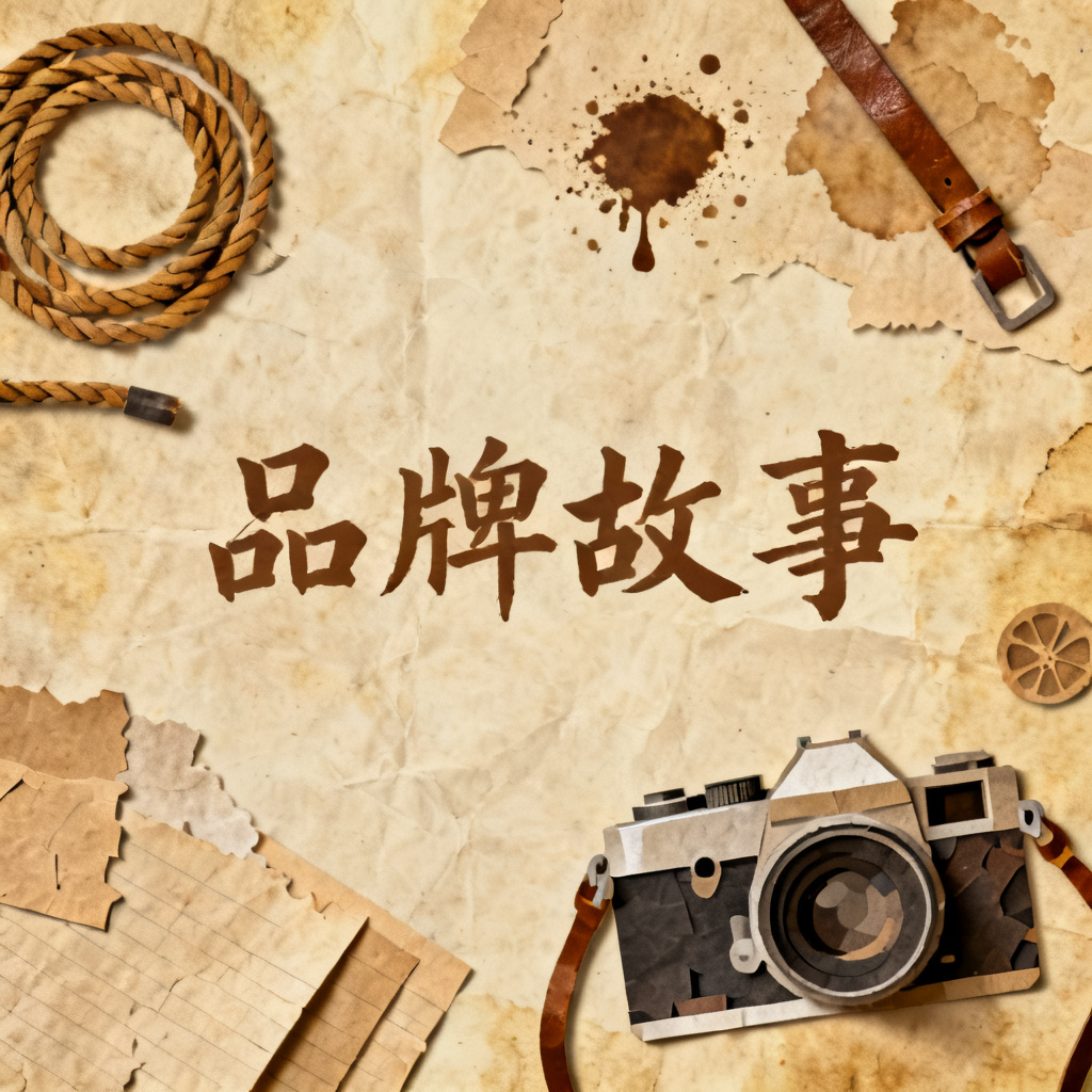 牛皮纸贴画风格的品牌故事PPT内页，背景是仿旧纸张纹理，所有元素采用剪纸拼贴效果，文字使用手写字体，配图包含复古相机、牛皮绳、咖啡渍等元素，整体呈现温暖怀旧的手工质感