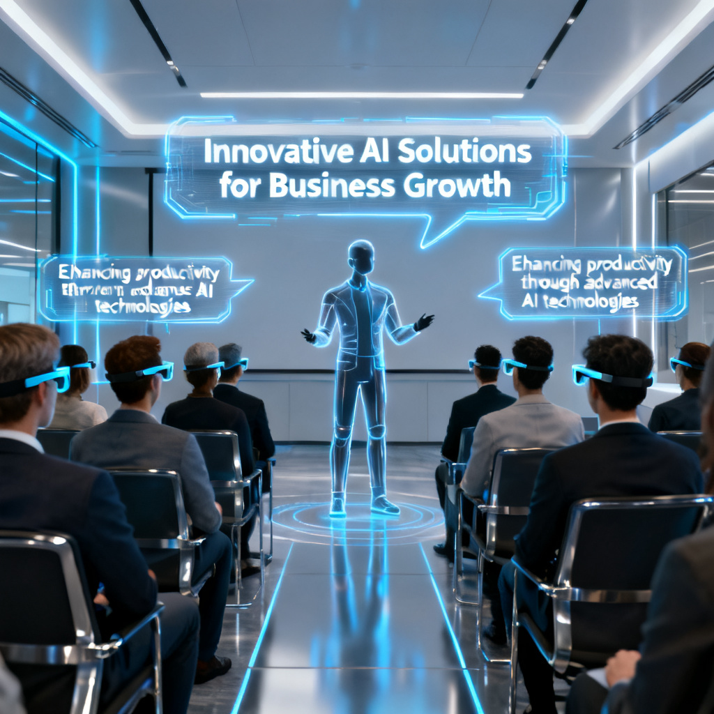 A futuristic business presentation interface showing a digital presenter avatar speaking to an audience, with floating AI holographic speech text and smart glasses displaying subtitles