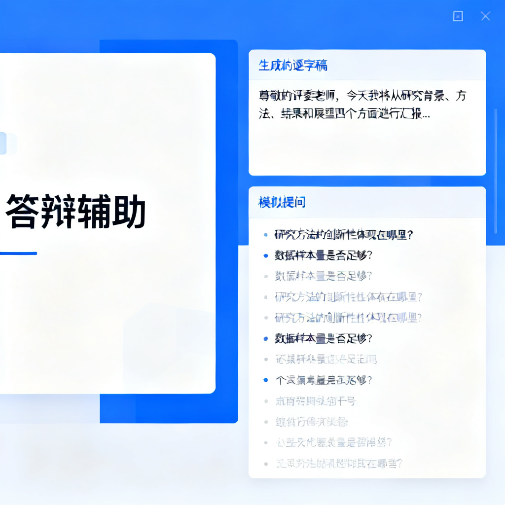 ChatPPT界面截图，展示“答辩辅助”功能，左侧是PPT页面，右侧是生成的逐字稿和模拟提问列表，文本清晰，布局专业。