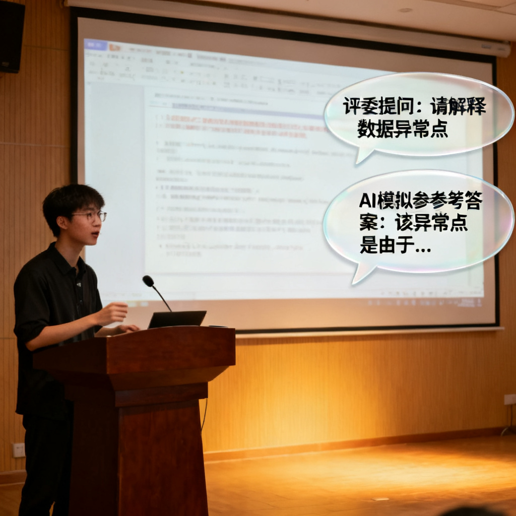 一张模拟答辩场景的图片，讲台上一位学生正在演讲，大屏幕上显示PPT，旁边有一个气泡框，里面写着“评委提问：请解释数据异常点”，另一个气泡框写着“AI模拟参考答案：该异常点是由于...”