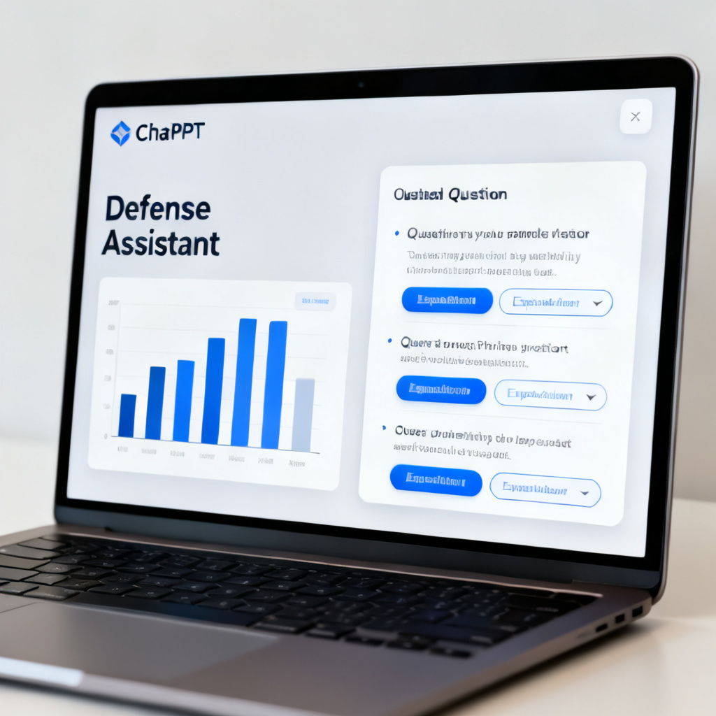 A laptop screen showing ChatPPT's "Defense Assistant" interface. On the left, a slide with a bar chart; on the right, a panel listing three potential questions with expandable answer buttons. The overall design is clean and academic.