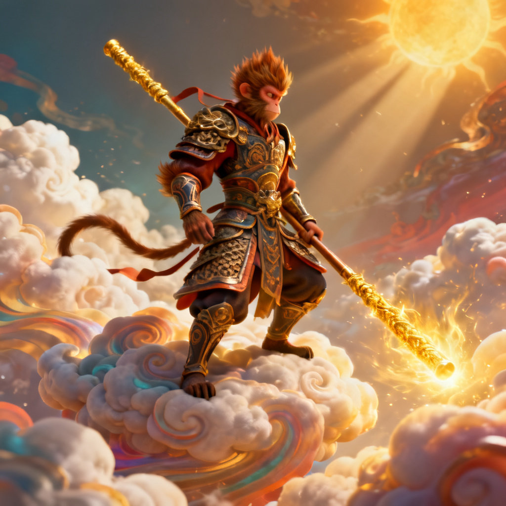 A 3D rendered scene of Sun Wukong standing on a cloud, with intricate armor and a glowing golden staff, presented in a vibrant, stylized art style suitable for a game design concept document.