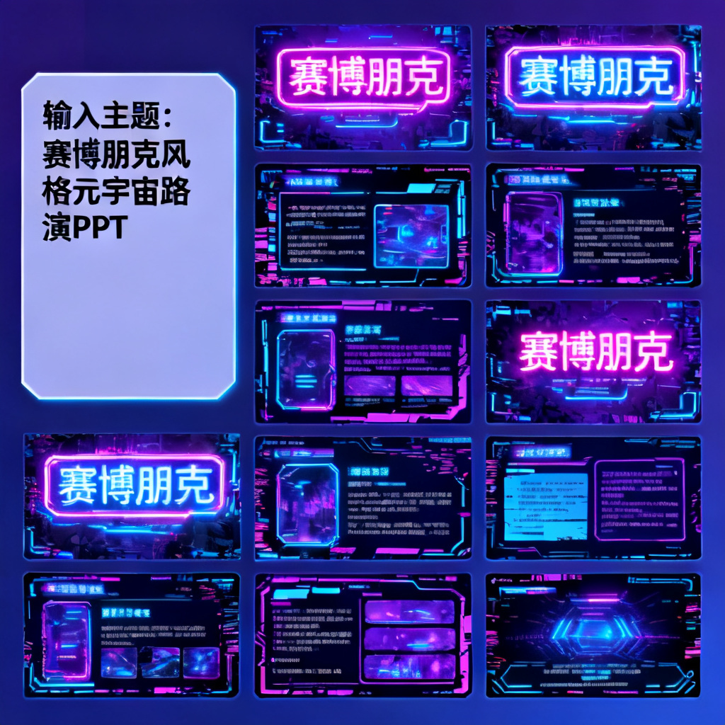 一张展示ChatPPT创意绘图模式界面,左侧为“输入主题:赛博朋克风格元宇宙路演PPT”,右侧为生成的多页预览,风格统一且充满科技感,霓虹灯管字体与故障艺术效果完美融合。