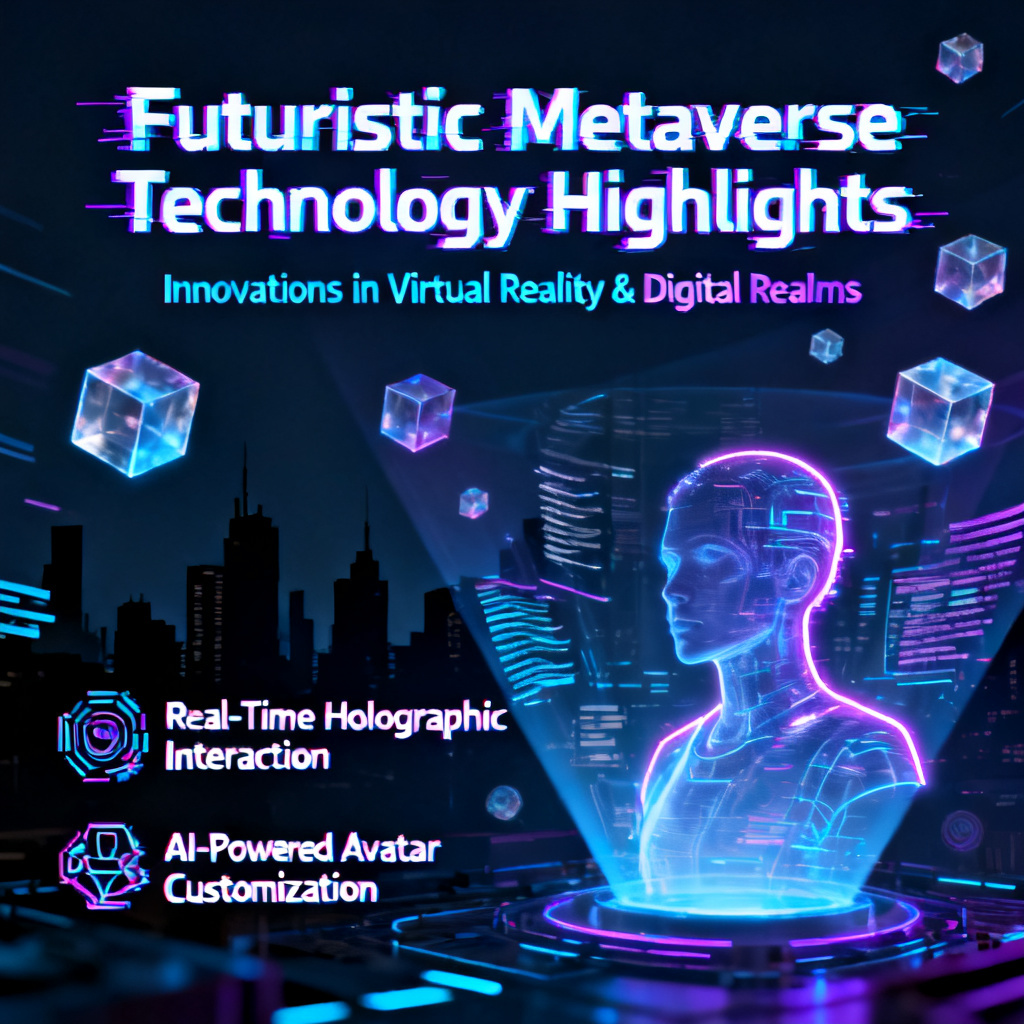 A cyberpunk-themed PPT slide with neon blue and purple colors, glitch art fonts, and holographic projection elements, showcasing a futuristic metaverse technology highlight