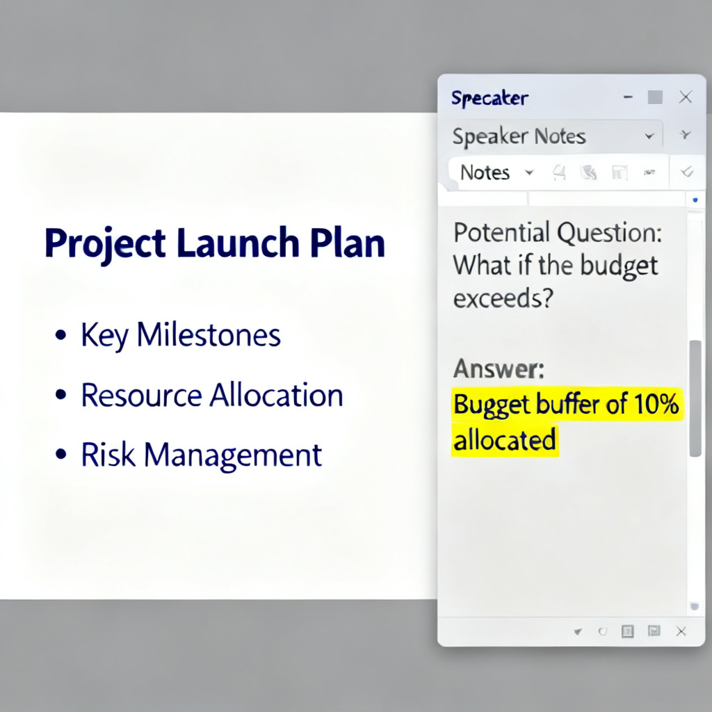 A split-screen showing a PPT slide on the left and a detailed speaker notes panel on the right, with highlighted potential questions and answers.