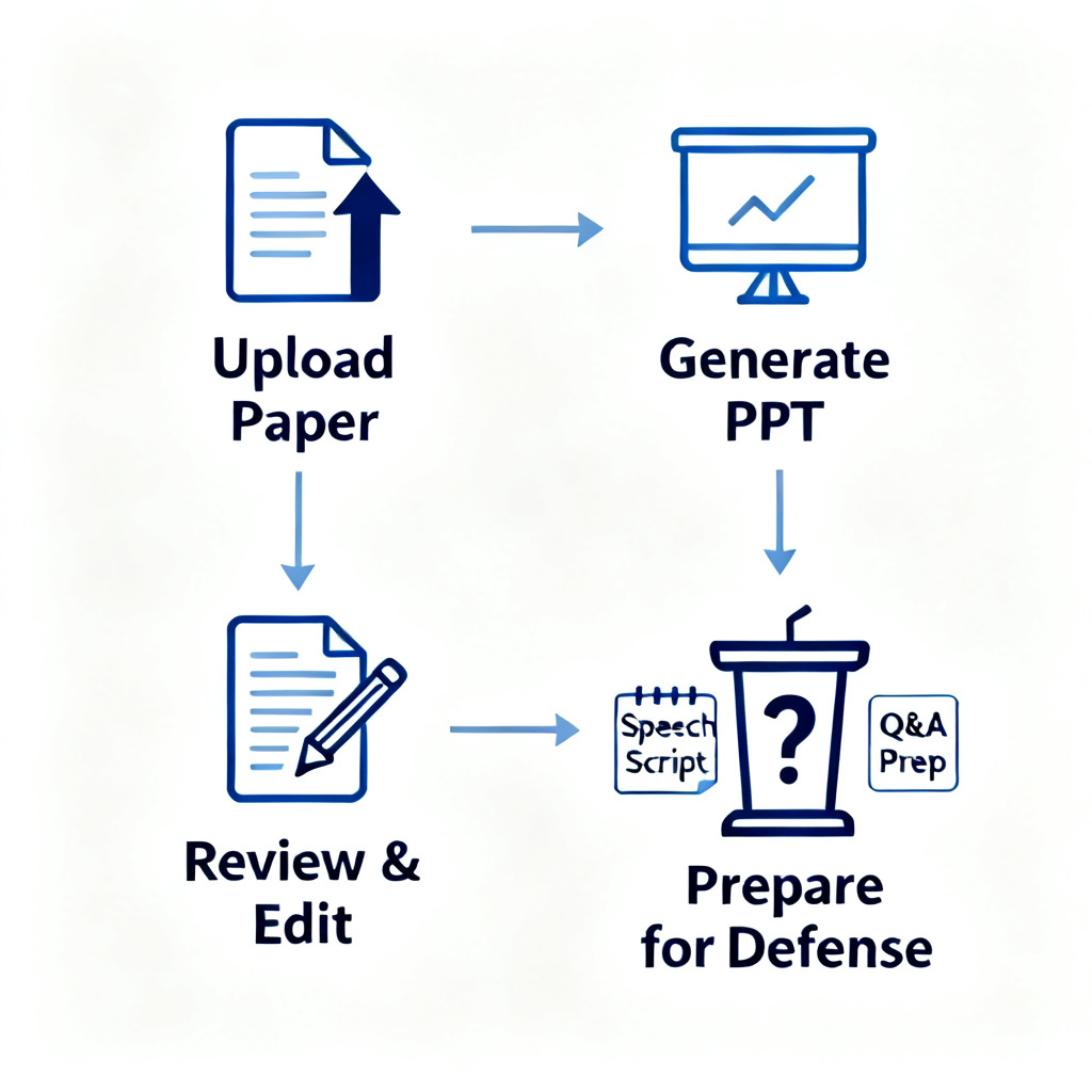 A flow chart showing four stages: "Upload Paper" → "Generate PPT" → "Review & Edit" → "Prepare for Defense". Each stage is represented by an icon and connected by arrows. The last stage includes sub-icons for "Speech Script" and "Q&A Prep". The overall style is clean and minimal, with a blue and white color scheme.