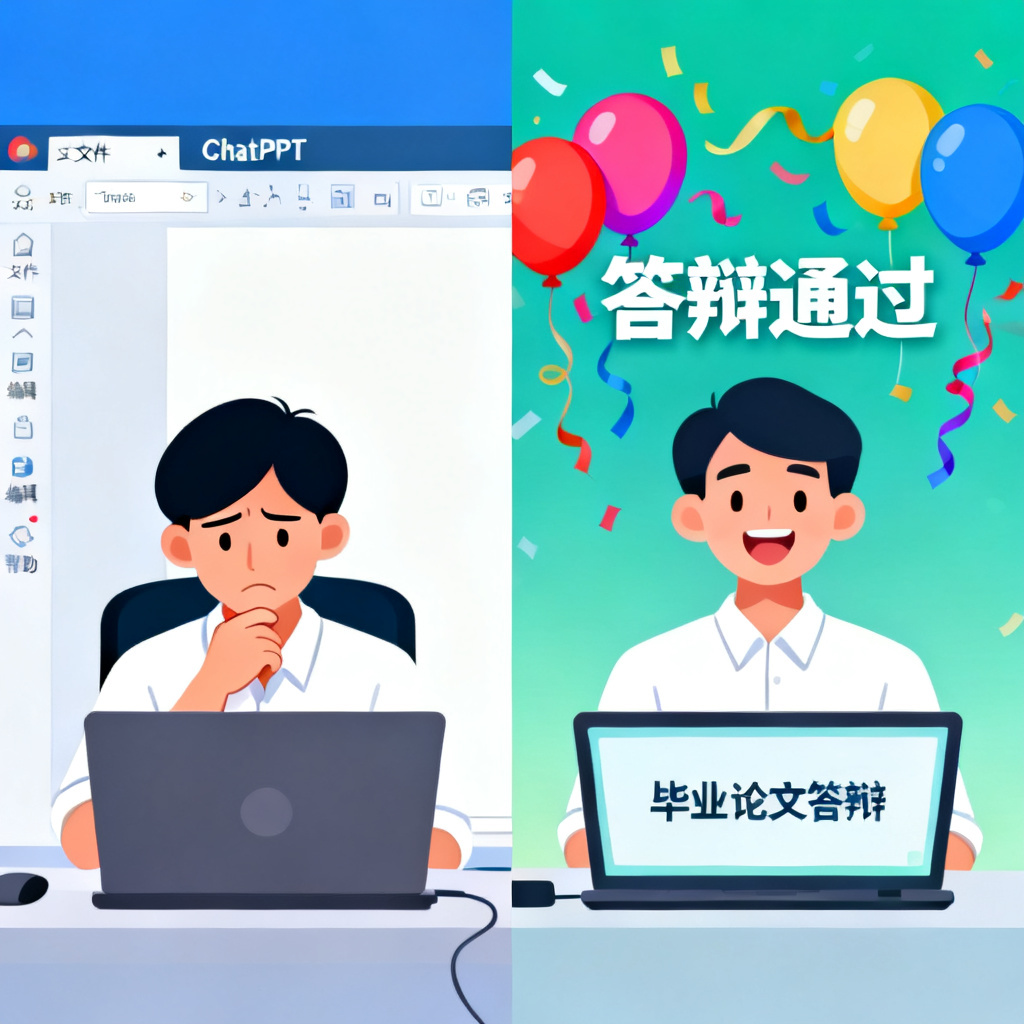 一个用户从最初怀疑的表情（手托下巴皱眉）转变为最终满意的微笑，背景是ChatPPT的界面和“答辩通过”的庆祝场景
