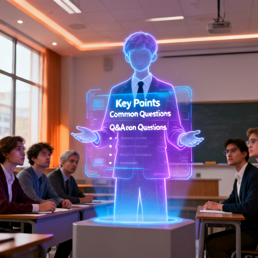 A student confidently presenting in front of a panel of professors, with a holographic display of a Q&A cheat sheet generated by AI.