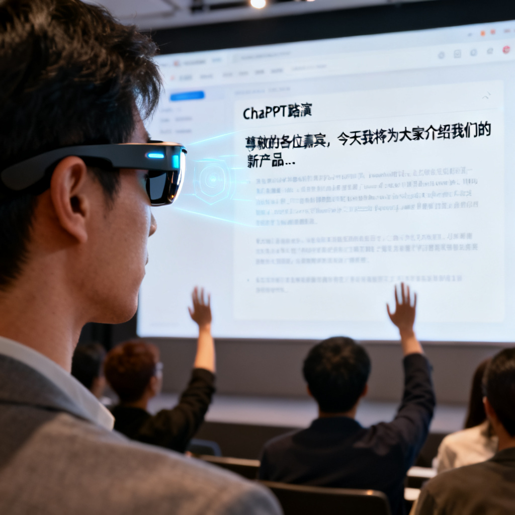 一个人佩戴着智能眼镜，眼镜中投射出演讲稿文字，同时前方屏幕上显示ChatPPT路演页面，周围有观众正在提问