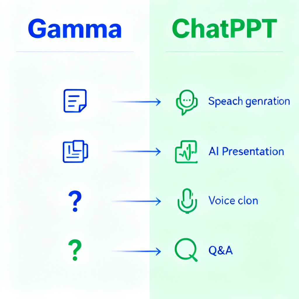 A comparison infographic showing two columns: one labeled 'Gamma' with simple slide icons and question marks, the other labeled 'ChatPPT' with icons for speech generation, AI presentation, voice cloning, and Q&A, connected by arrows showing a seamless workflow.